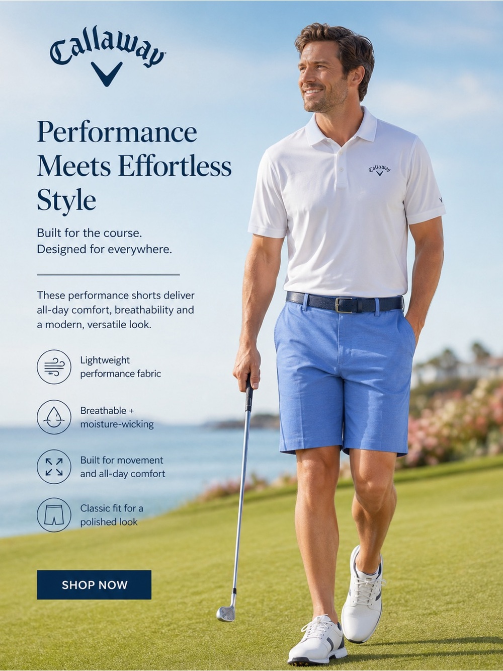 Callaway Performance Golf Shorts Mens Blue Lightweight Stretch Flat Front Casual
